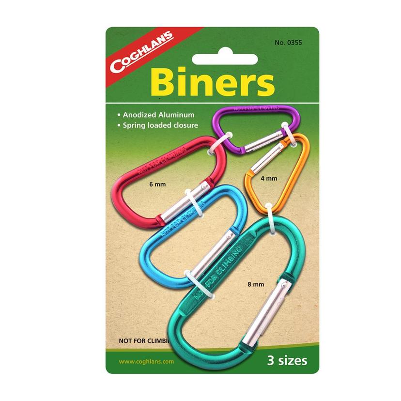 COGHLANS 0355 Carabiner; Straight Gate; D Shape; Two 4 Millimeter/ Two 6 Millimeter/ 8 Millimeter Link Diameter; Assorted Colors; Anodized Aluminum (5 units per pack)