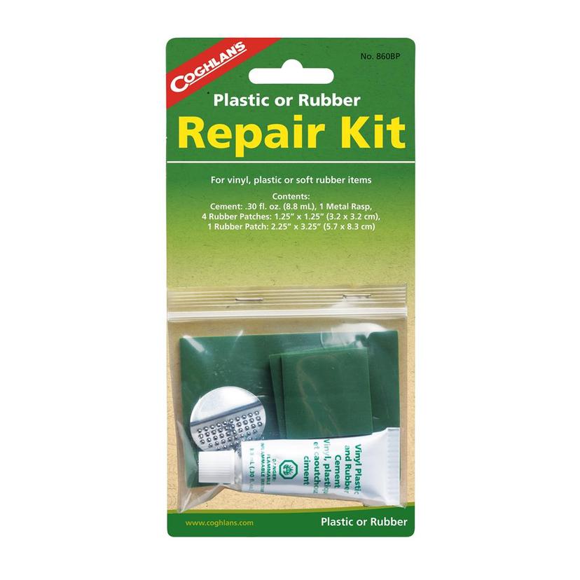 COGHLANS 860BP Vinyl Repair Kit; Used For Repair Of Vinyl/ Plastic/ Soft Rubber; With 30 Fluid Ounce Cement/ Metal Rasp/ Four 1-1/4 Inch x 1-1/4 Inch Rubber Patches/ 2-1/4 Inch x 3-1/4 Inch Rubber Patch