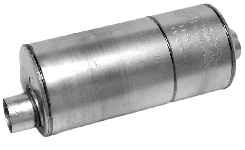 DYNOMAX 17698 Exhaust Muffler; Super Turbo; 8-3/8 Inch Diameter Aluminized Steel Case; 3 Inch Offset Inlet; 3 Inch Offset Outlet; 18 Inch Case Length/ 24 Inch Overall Length