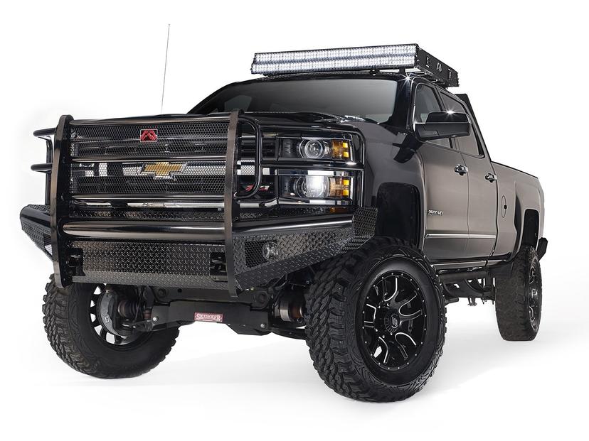 FAB FOURS CH08-S2060-1 Black Steel Front Ranch Bumper 2 Stage Black Powder Coated w/Full Grill Guard Incl. Light Cut-Outs Black Steel Front Ranch Bumper