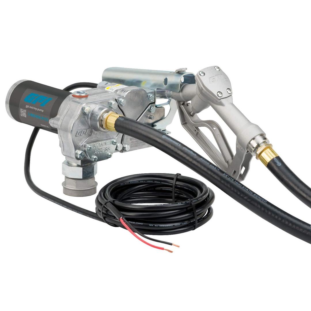GPI 110000-99 M-150S Fuel Transfer Pump, Manual Shut-Off Unleaded Nozzle, 15 GPM fuel pump, 12FT Hose, Power Cord, Spin Collar, Adjustable Suction Pipe - The Twister Group Tools product