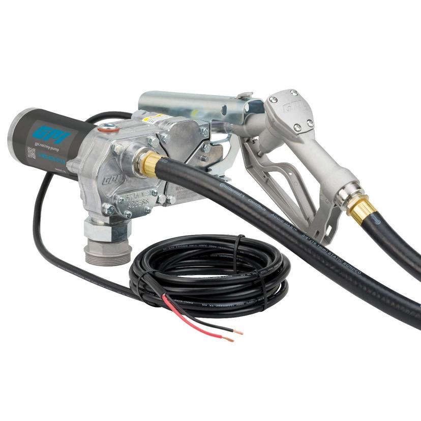 GPI 110000-99 M-150S Fuel Transfer Pump, Manual Shut-Off Unleaded Nozzle, 15 GPM fuel pump, 12FT Hose, Power Cord, Spin Collar, Adjustable Suction Pipe