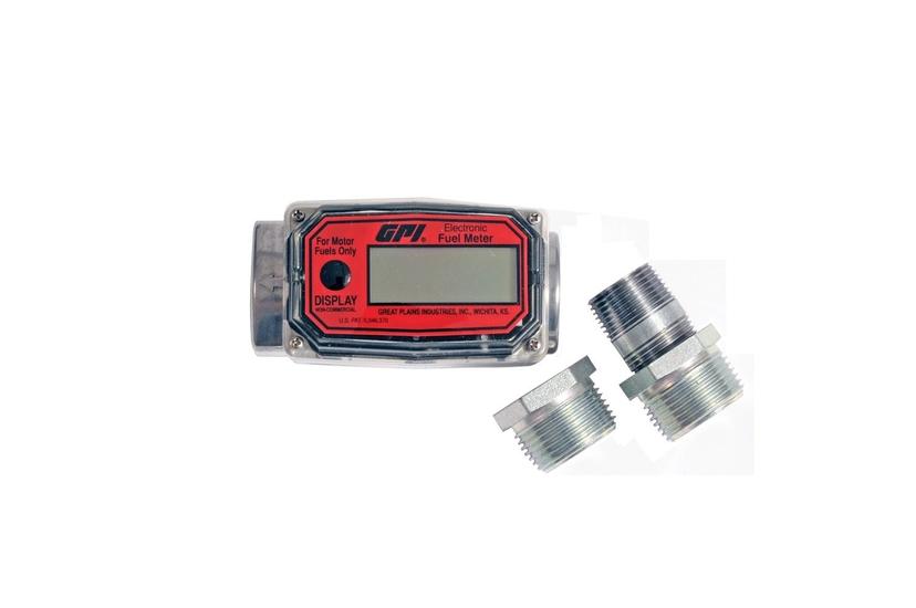 GPI 113255-1 Aluminum Turbine Fuel Flowmeter with Digital LCD Display, 3-30 GPM, 1-Inch FNPT Inlet/Outlet, 0.75-Inch Reducer Bushings, ±5% Accuracy