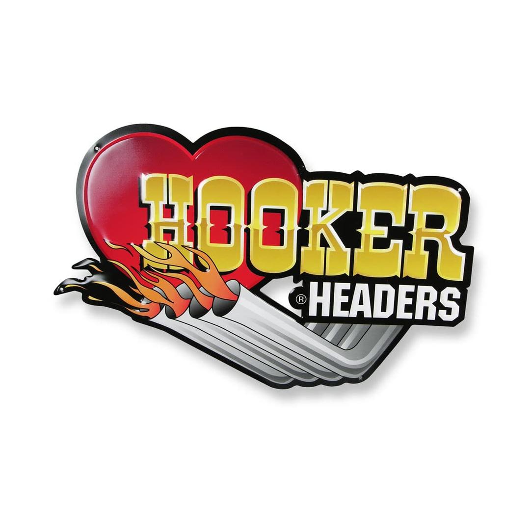 HOOKER 10145HKR Sign; 12 Inch Height x 19 Inch Width; Hooker Headers Logo With Flaming Headers; Red/ Yellow/ White/ Silver/ Orange; Metal - The Twister Group Tools product