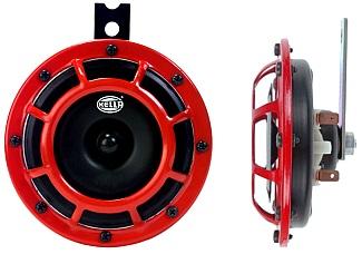 HELLA 003399801 HORN KIT SUPERTONE, One 500 Hertz High-Tone/ One 300 Hertz Low-Tone Horn; 118 Decibels; 12 Volt/ 5.5 Amp; 4.7 Inch Round; Black with Red Grille; Steel - The Twister Group Tools product