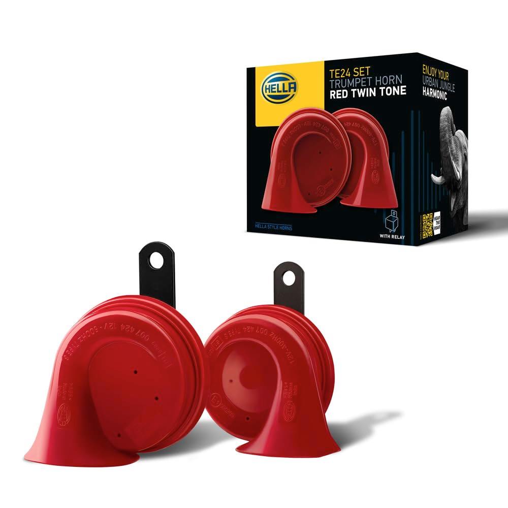 HELLA 007424801 Twin Trumpet High/Low Tone 12V Horn Kit with Bracket, Red - The Twister Group Tools product