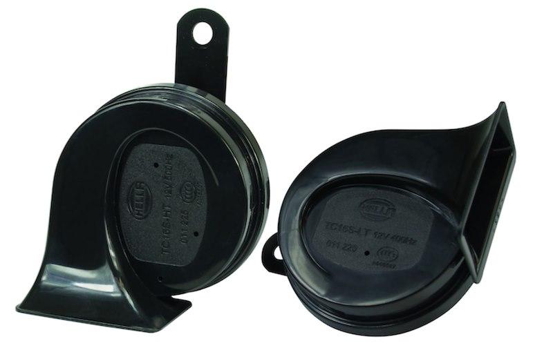 HELLA 011225831 HORN KIT BX BLK TRUMPET 1, One 500 Hertz High-Tone Horn/ One 400 Hertz Low-Tone Horn; 113 Decibels; 12 Volt; 72 Watt; 3.4 Inch Trumpet; Black; ABS Plastic Housing; Set Of 2; With Galvanized Metal Bracket - The Twister Group Tools product