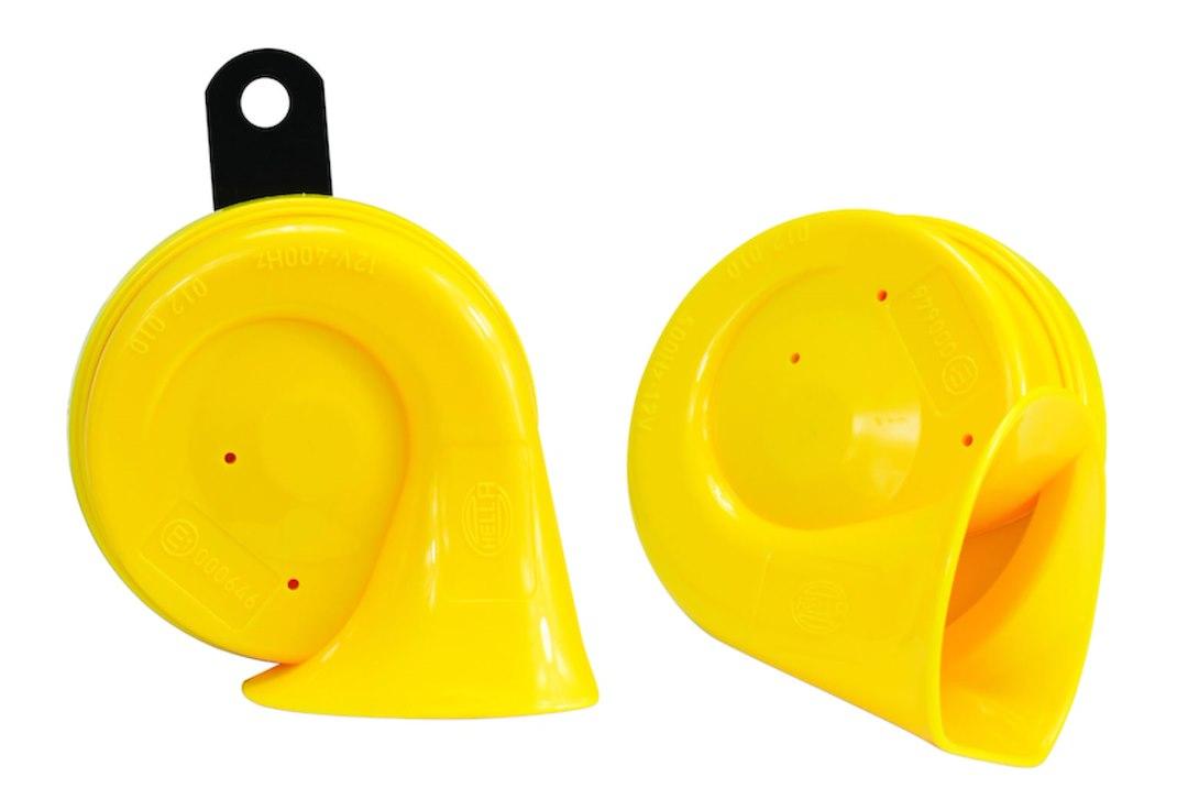 HELLA 012010821 HORN KIT BX YELLOW TRUMPE, One 500 Hertz High-Tone Horn/ One 400 Hertz Low-Tone Horn; 110 Decibels; 12 Volt; 72 Watt; 3.2 Inch Trumpet; Yellow; ABS Plastic Housing; Set Of 2; With Galvanized Metal Bracket - The Twister Group Tools product