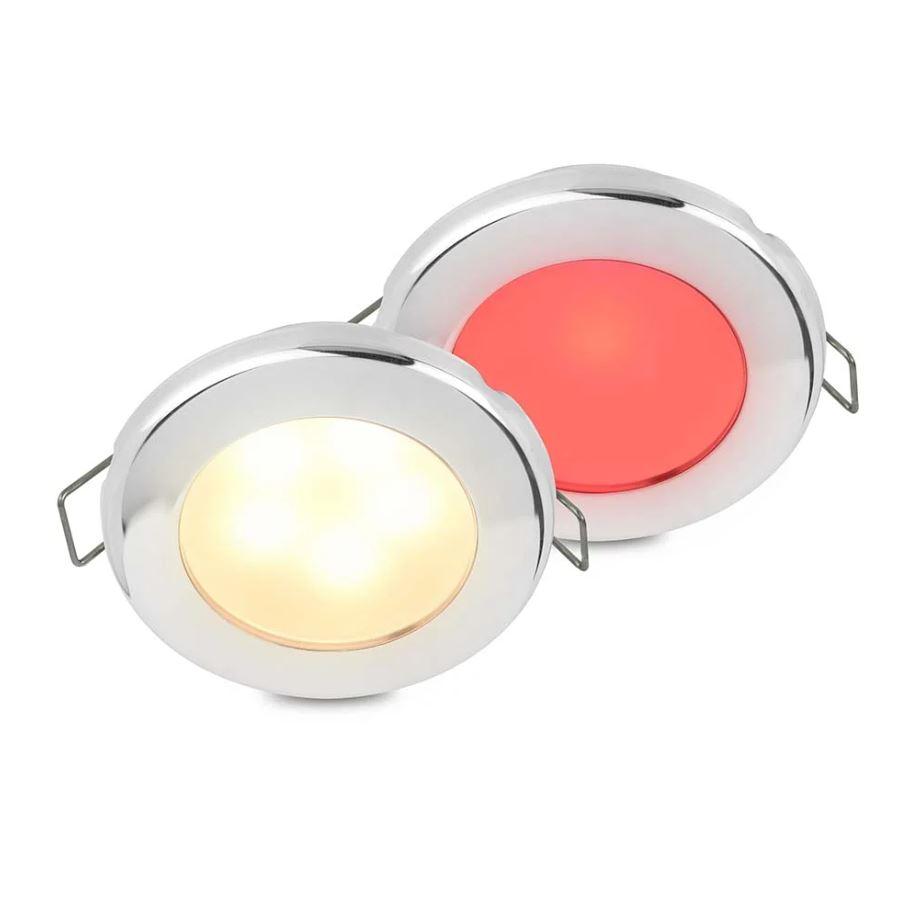 HELLA 015247621 ROUND WARM WHITE/RED - S/S BEZEL SP, Spring Mount; 3 Watt; 0.19 Amps; 12 Volt; Warm White/ Red LED Bulb; 72 Millimeter Round; 316 Stainless Steel Polished Housing; 2700K Color Temperature; 190 Lumens; IP6K7/ IP6K9K Waterproof - The Twister Group Tools product