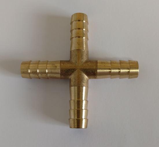 HELIX RACING 053-3450 BRASS BARB CROSS 4-WAY 5/16(8MM), 5/16 Inch Hose Barb; 4-Way Cross; Without O-Ring; Without Jam Nut; Brass; Single - The Twister Group Tools product