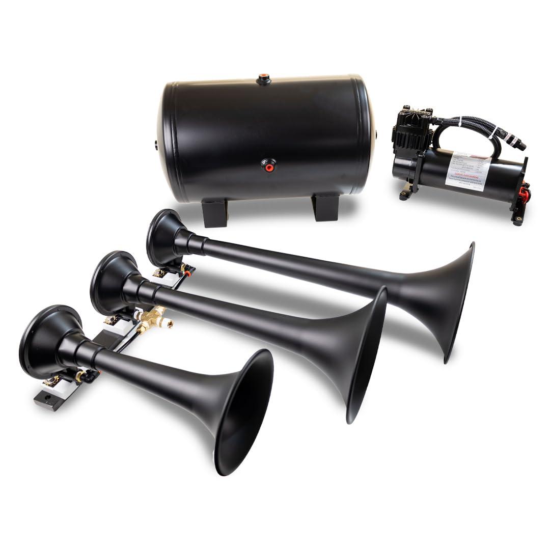 KLEINN HK9 Air Horns Complete Triple Train Horn System - Black - High quality product image showing KLEINN HK9 Air Horns Complete Triple Train Horn System - Black details and features