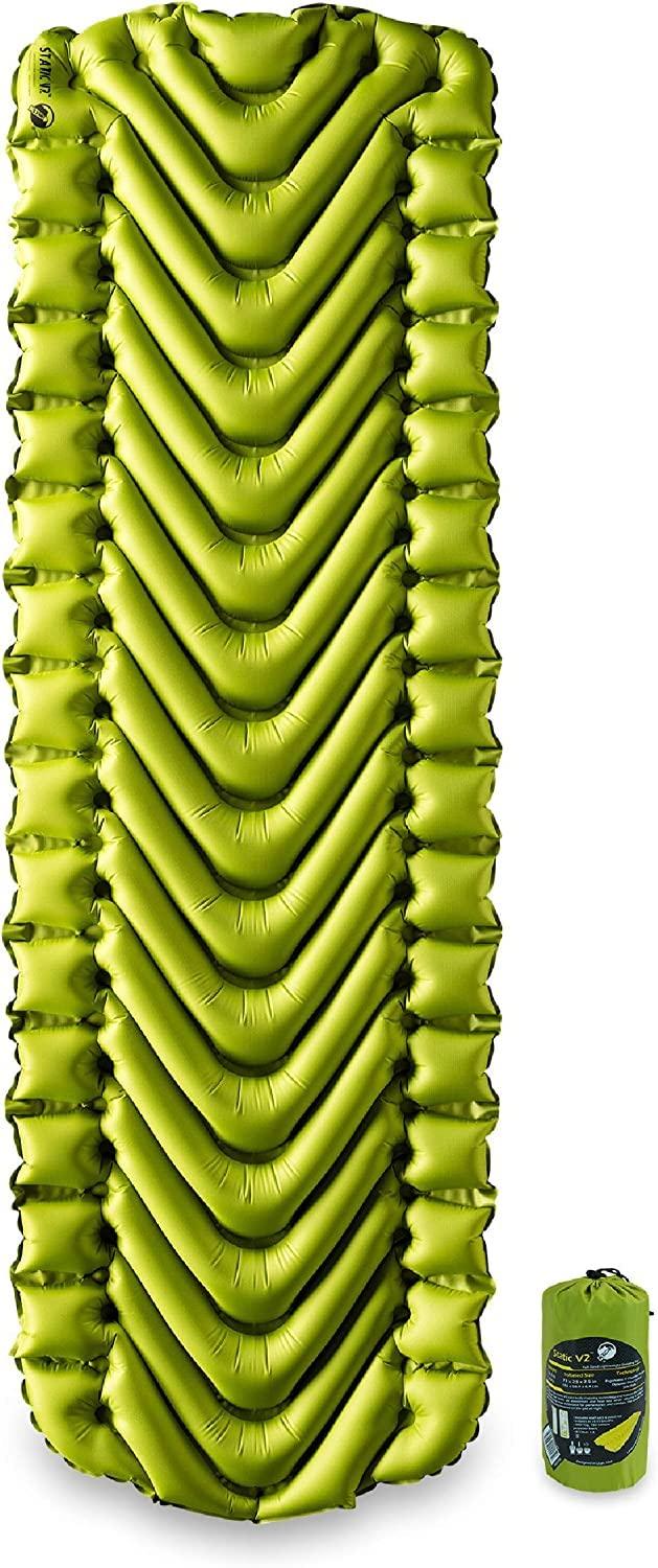 KLYMIT 06S2GR03C Sleeping Pad; Static V2; Inflatable; Manual Inflation Using Breath; V-Chamber Design; 72 In L x 23 In W x 2-1/2 In H Inflated Regular; Green; 75D Polyester Fabric; 16 Ounce Weight; R-Value 1.3/ASTM 1.3; With Insulation; With Stuff Sack A - The Twister Group Tools product