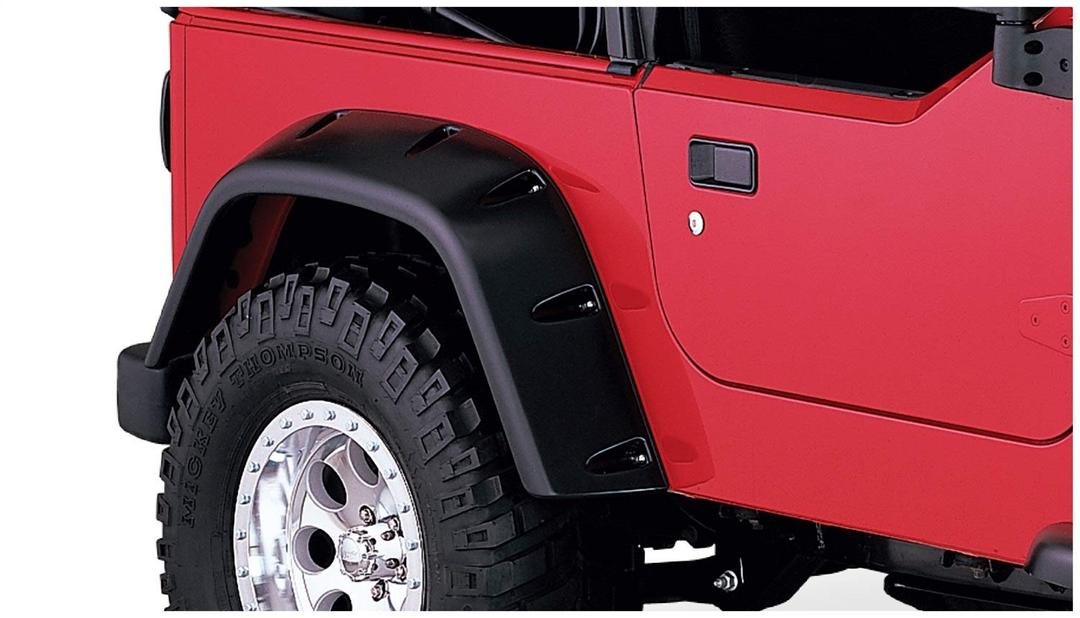 BUSHWACKER 10030-07 Pocket/Rivet Style Rear Fender Flares | 2-Piece Set, Black, Smooth Finish Fits 1997-2006 Jeep Wrangler TJ - The Twister Group Tools product