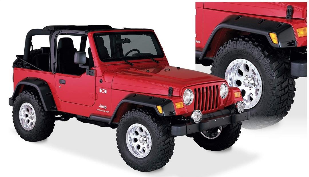 BUSHWACKER 10908-07 Pocket/Rivet Style Front & Rear Fender Flares | 4-Piece Set, Black, Smooth Finish Fits 1997-2006 Jeep Wrangler TJ; 2004-2006 Jeep Wrangler LJ - The Twister Group Tools product