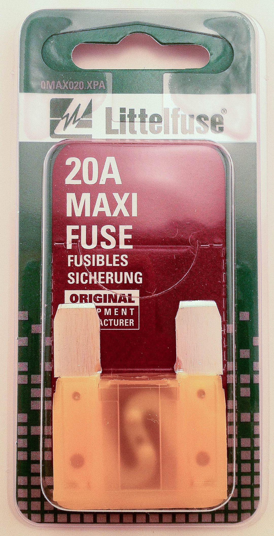 LITTELFUSE MAX20BP MAXIFUSE 5 CDS/PACK 20A, Yellow Blade; 20 Amp; Slow Blow; Pack Of 5; Carded - High quality product image showing LITTELFUSE MAX20BP MAXIFUSE 5 CDS/PACK 20A, Yellow Blade; 20 Amp; Slow Blow; Pack Of 5; Carded details and features