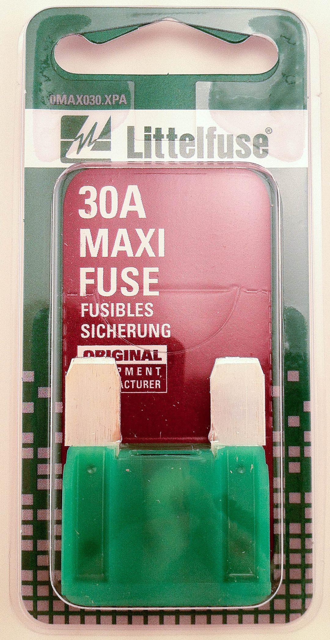 LITTELFUSE MAX30BP MAXIFUSE 5 CDS/PACK 30A, Green Blade; 30 Amp; Slow Blow; Pack Of 5; Carded - High quality product image showing LITTELFUSE MAX30BP MAXIFUSE 5 CDS/PACK 30A, Green Blade; 30 Amp; Slow Blow; Pack Of 5; Carded details and features
