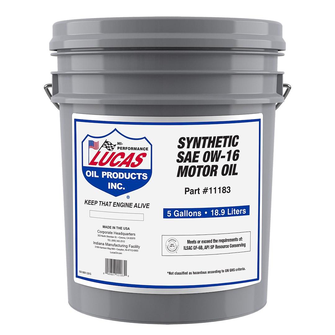LUCAS OIL 11183 SYNTHETIC SAE 0W-16 API SP ILSAC GF, SAE 0W-16; Synthetic; 5 Gallon Pail; Single - The Twister Group Tools product