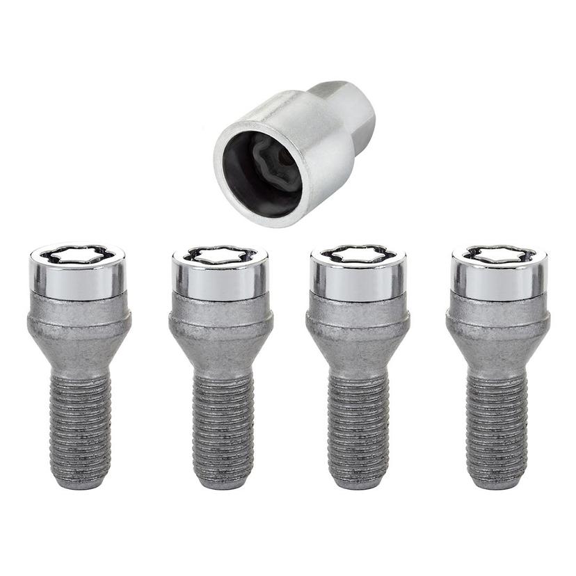 MCGARD 27226 Wheel Lock; Lug Bolt Lock; 14 Millimeter X 1.25 Thread Size; Conical Seat/1.08 Inch Shank Length; Acorn Lug Use With Steel/ Aluminum Wheels; 1.99 Inch Overall Length; 17 Millimeter Wrench Size; Chrome Plated; Steel; Set Of 4 With Key