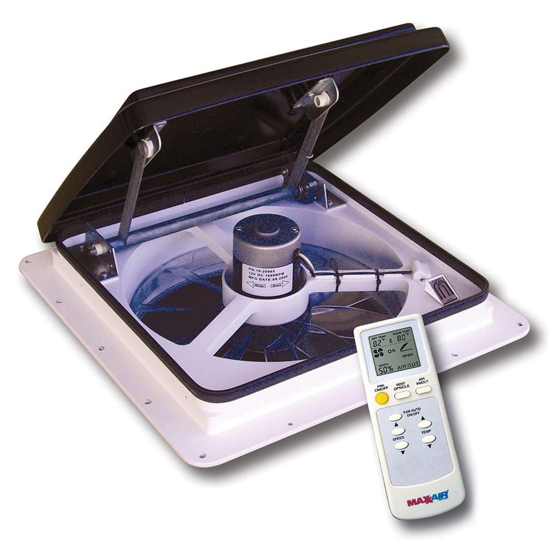 MAXXAIR 00-04500K Maxxfan Plus High Powered 10-Speed RV Intake and Exhaust Fan - Manual or Remote Control Electric Opening, Easy Ceiling Controls, Rain Sensor with Automatic Lid Closure, Smoke - The Twister Group Tools product