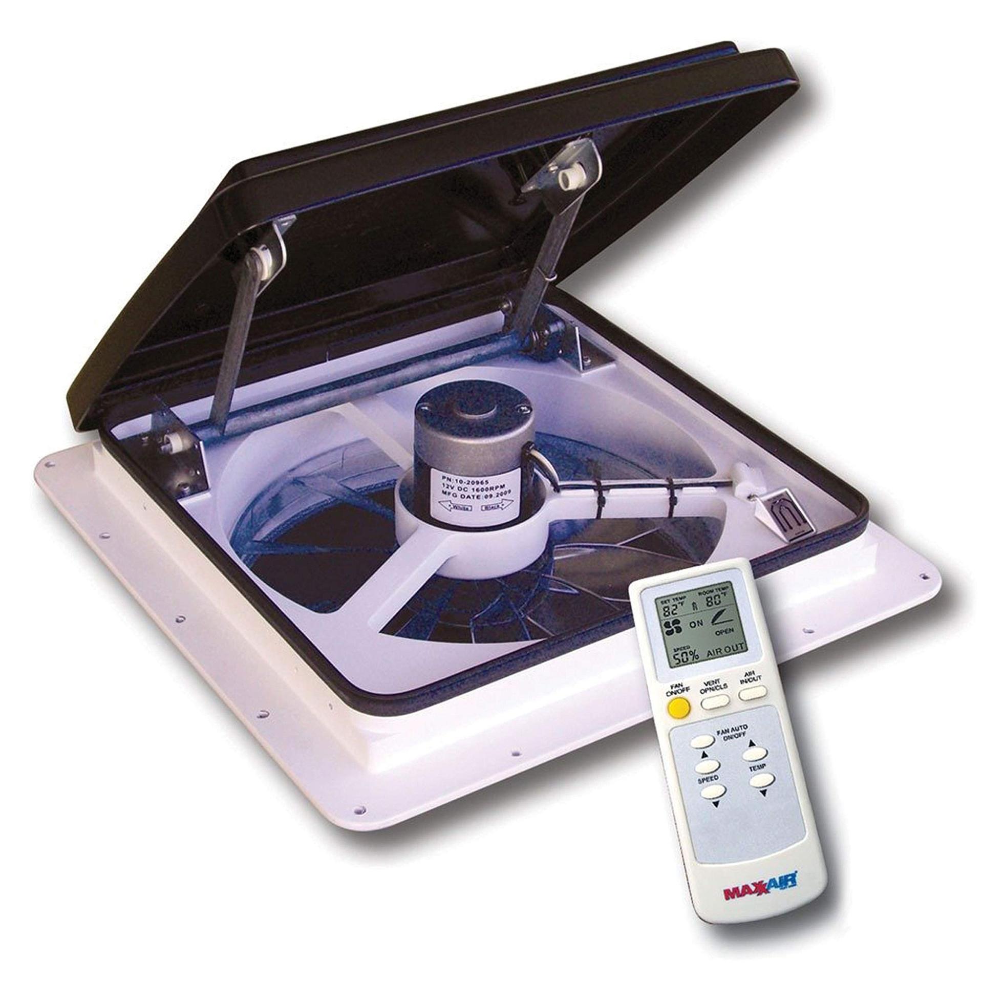 MAXXAIR 00-04500K Maxxfan Plus High Powered 10-Speed RV Intake and Exhaust Fan - Manual or Remote Control Electric Opening, Easy Ceiling Controls, Rain Sensor with Automatic Lid Closure, Smoke - Product image