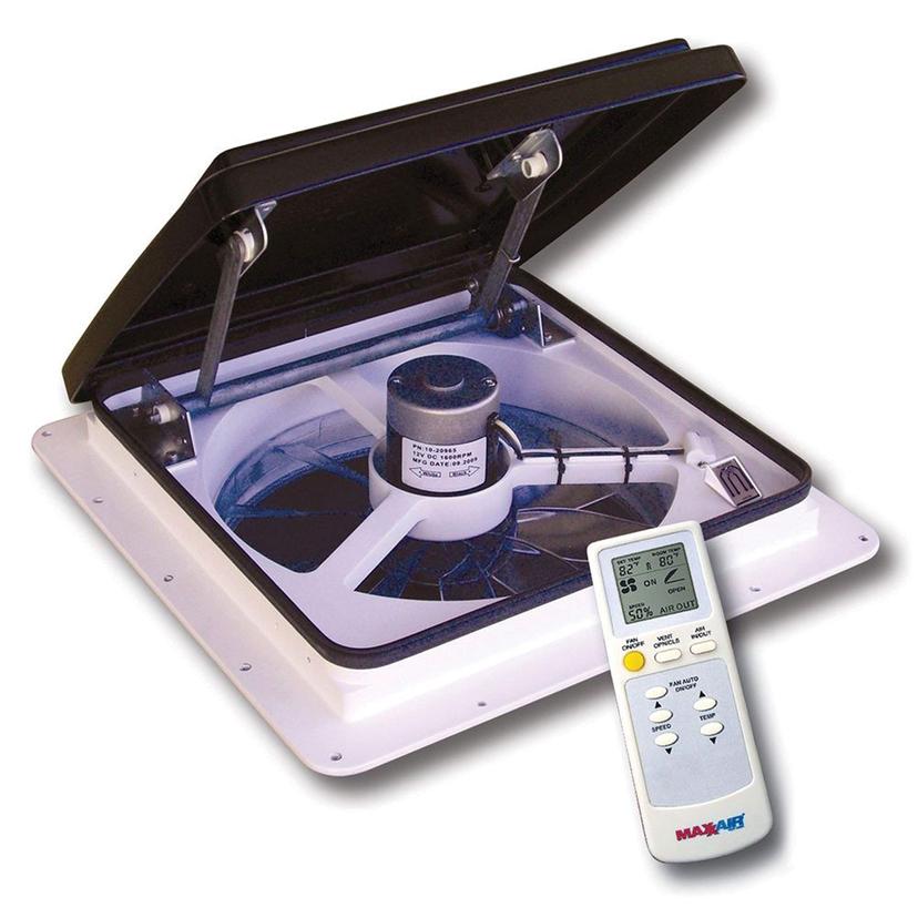 MAXXAIR 00-04500K Maxxfan Plus High Powered 10-Speed RV Intake and Exhaust Fan - Manual or Remote Control Electric Opening, Easy Ceiling Controls, Rain Sensor with Automatic Lid Closure, Smoke - Product image