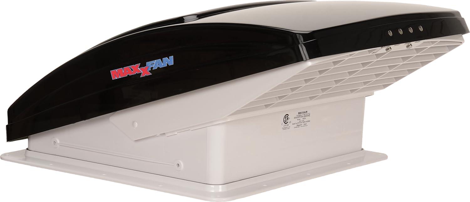 MAXXAIR 00-06401K Roof Vent; MaxxFan Deluxe; Manual Opening; For 14 Inch x 14 Inch; Fits 1-1/8 Inches To A Maximum Of 6-1/2 Inches; With Screen; With 4-Speed Fan; Smoke; Built In Rain Cover - Product image