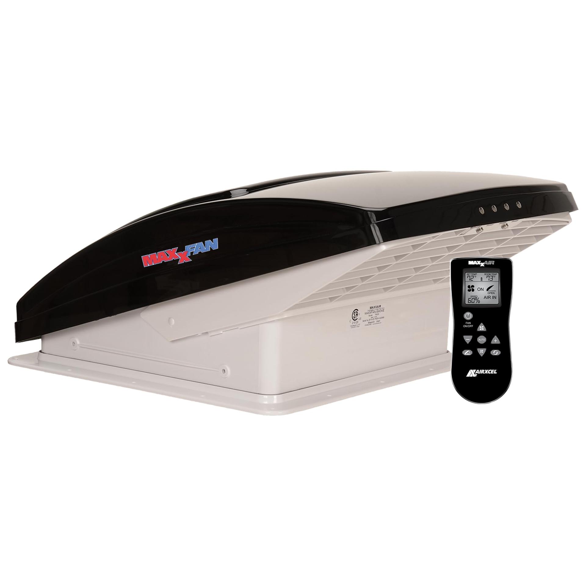 MAXXAIR 00-07500K Maxxfan Deluxe Vent, Fan and Vent Cover All in One - Powerful 10-Speed Reversible Fan with Thermostat, Built-in Rain Cover, Remote Control, Intake & Exhaust Fan, Smoke - Product image