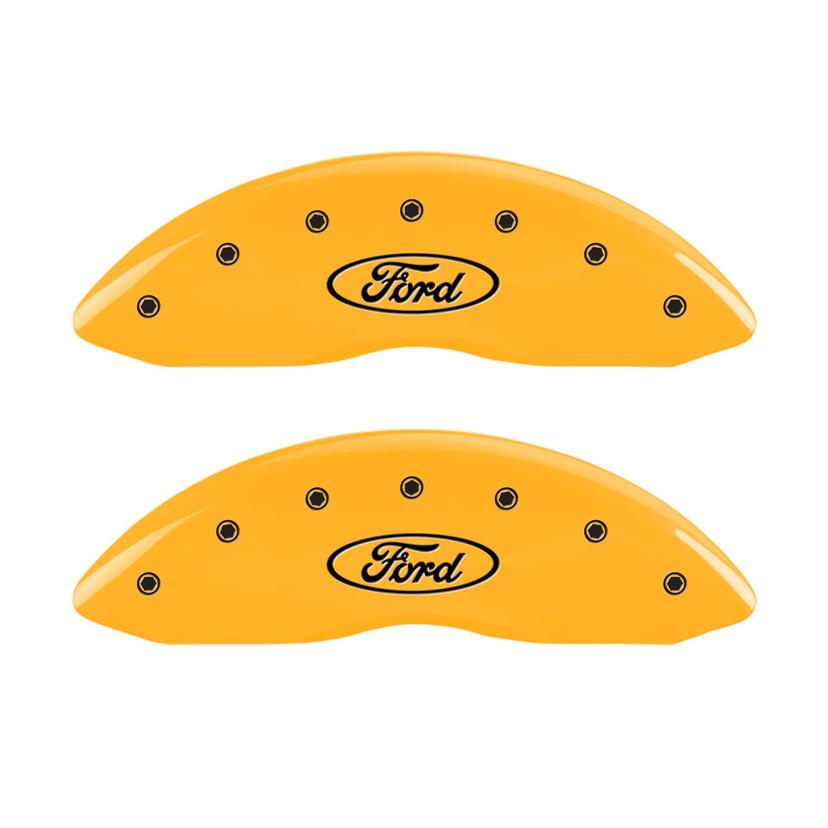 MGP CALIPER 10120SFRDYL Caliper Cover, Set of 4 (Yellow Engraved Front and Rear: Oval Logo/Ford Powder Coat Finish Black Characters)