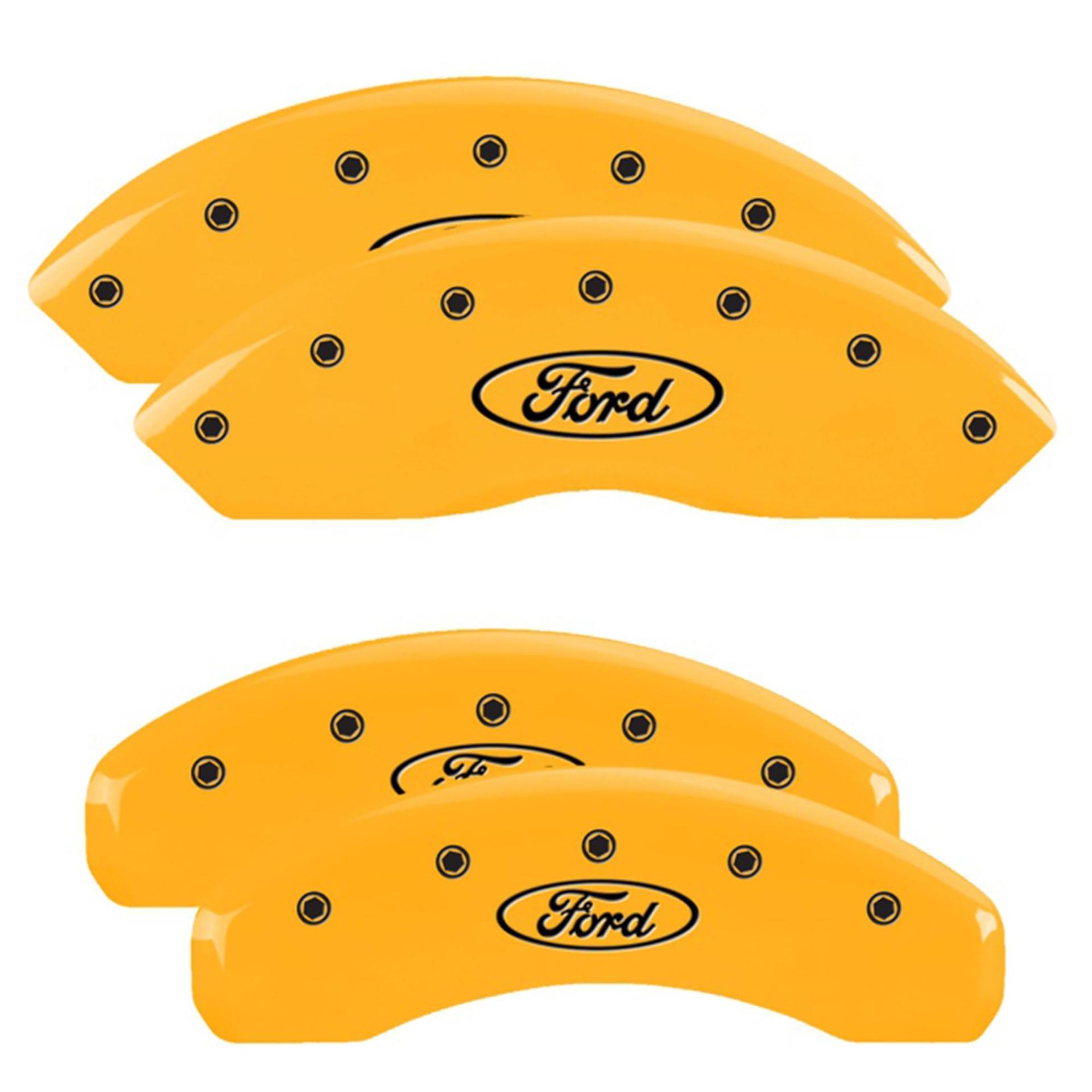MGP CALIPER 10248SFRDYL Brake Caliper Covers for Ford Ranger 2019-22, Bronco 2021-22, Yellow Powder Coated Finish with Engraved Black Ford Logo, Front and Rear Set (Set of 4) - High quality product image showing MGP CALIPER 10248SFRDYL Brake Caliper Covers for Ford Ranger 2019-22, Bronco 2021-22, Yellow Powder Coated Finish with Engraved Black Ford Logo, Front and Rear Set (Set of 4) details and features