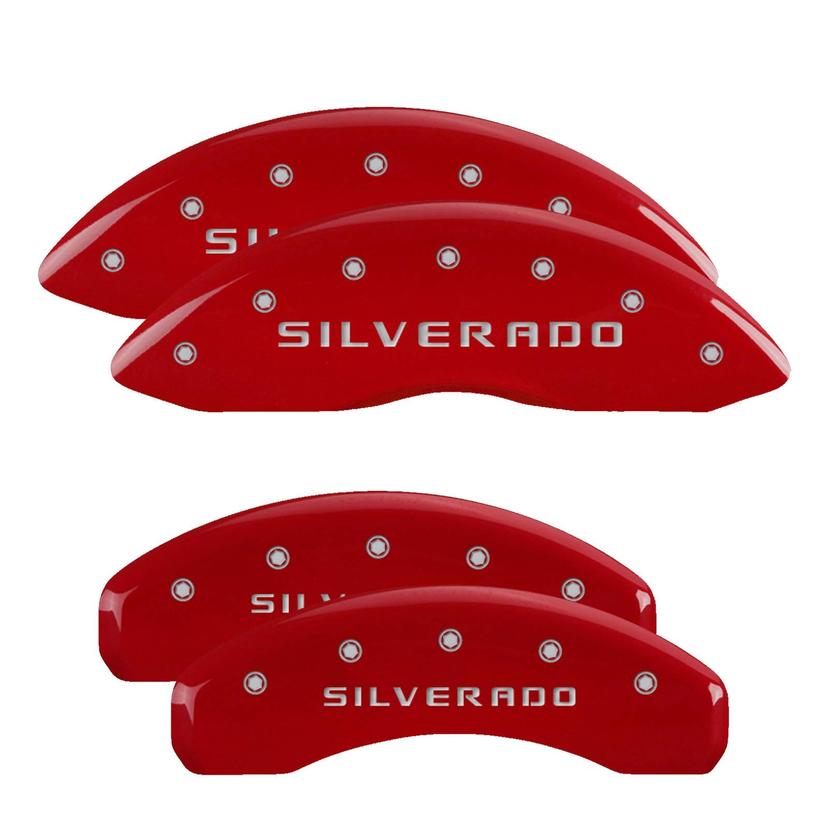MGP CALIPER 14252SSILRD Brake Caliper Covers 2019-2023 Chevrolet Silverado 1500-2021-2023 Suburban (STD Brakes) / Tahoe - Front and Rear Set - Silverado Logo - Red