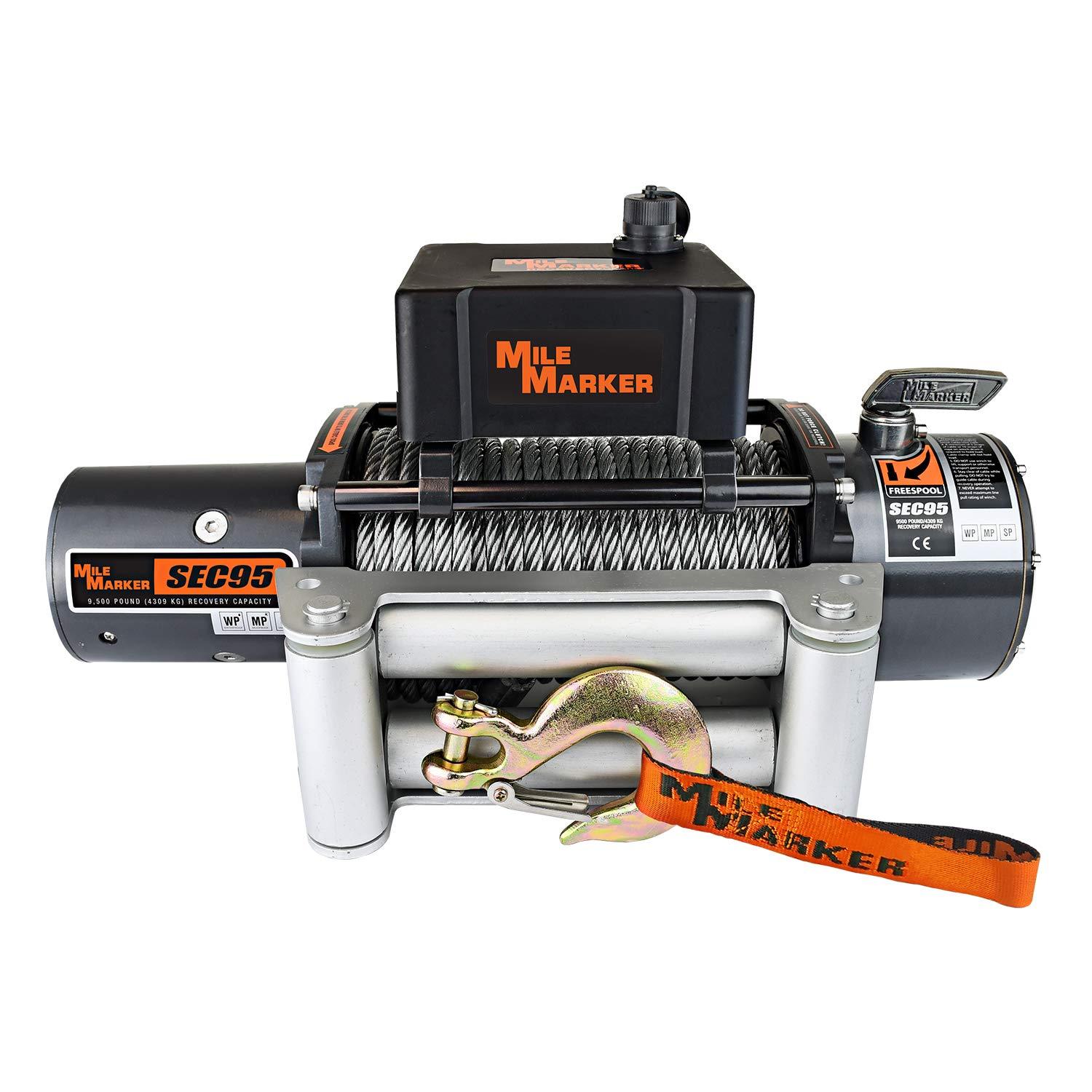 MILE MARKER 76-50246BW Winch; SEC95; Vehicle Mounted; Waterproof Recovery Winch; 12 Volt Electric; 9500 Pound Line Pull Capacity; 100 Foot Wire Rope; Roller Fairlead; Wired Remote; Integrated Solenoid; Planetary Gear Drive - High quality product image showing MILE MARKER 76-50246BW Winch; SEC95; Vehicle Mounted; Waterproof Recovery Winch; 12 Volt Electric; 9500 Pound Line Pull Capacity; 100 Foot Wire Rope; Roller Fairlead; Wired Remote; Integrated Solenoid; Planetary Gear Drive details and features