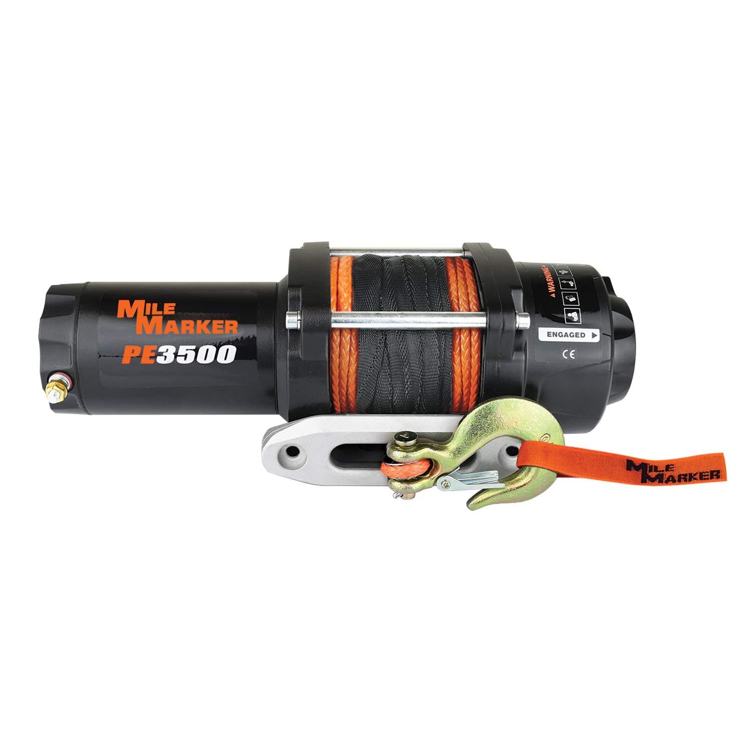 MILE MARKER 77-53112BW PE3500 ATV/UTV/Side-by-Side Electric Winch with Synthetic Rope - 3500 lb. Capacity, Silver - High quality product image showing MILE MARKER 77-53112BW PE3500 ATV/UTV/Side-by-Side Electric Winch with Synthetic Rope - 3500 lb. Capacity, Silver details and features