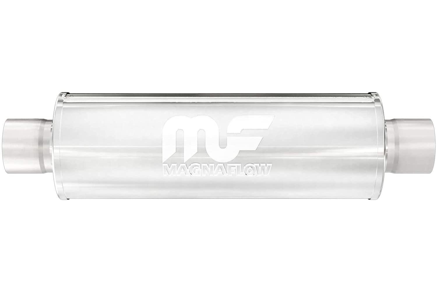 MAGNAFLOW 12774 7in Round Center/Center Performance Muffler - Straight-Through, 5in Inlet/Outlet Diameter, 24in Body Length, 30in Overall Length, Satin Finish - Classic Deep Exhaust Sound - High quality product image showing MAGNAFLOW 12774 7in Round Center/Center Performance Muffler - Straight-Through, 5in Inlet/Outlet Diameter, 24in Body Length, 30in Overall Length, Satin Finish - Classic Deep Exhaust Sound details and features