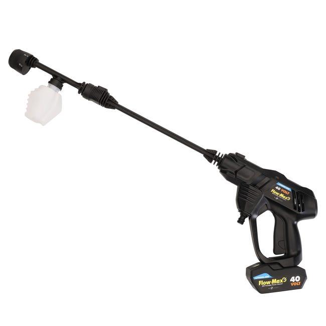 LIPPERT 2020111765 FLOWMAX PRO PRESSURE WASHER, Lithium Ion Battery; Long Nozzle/ Rotatable Nozzle/ 6-In-1 Spray Attachment/ 25 Ounce Soap Bottle; 520 Maximum PSI; With Hose; 28 Minute Battery Life Run Time - The Twister Group Tools product