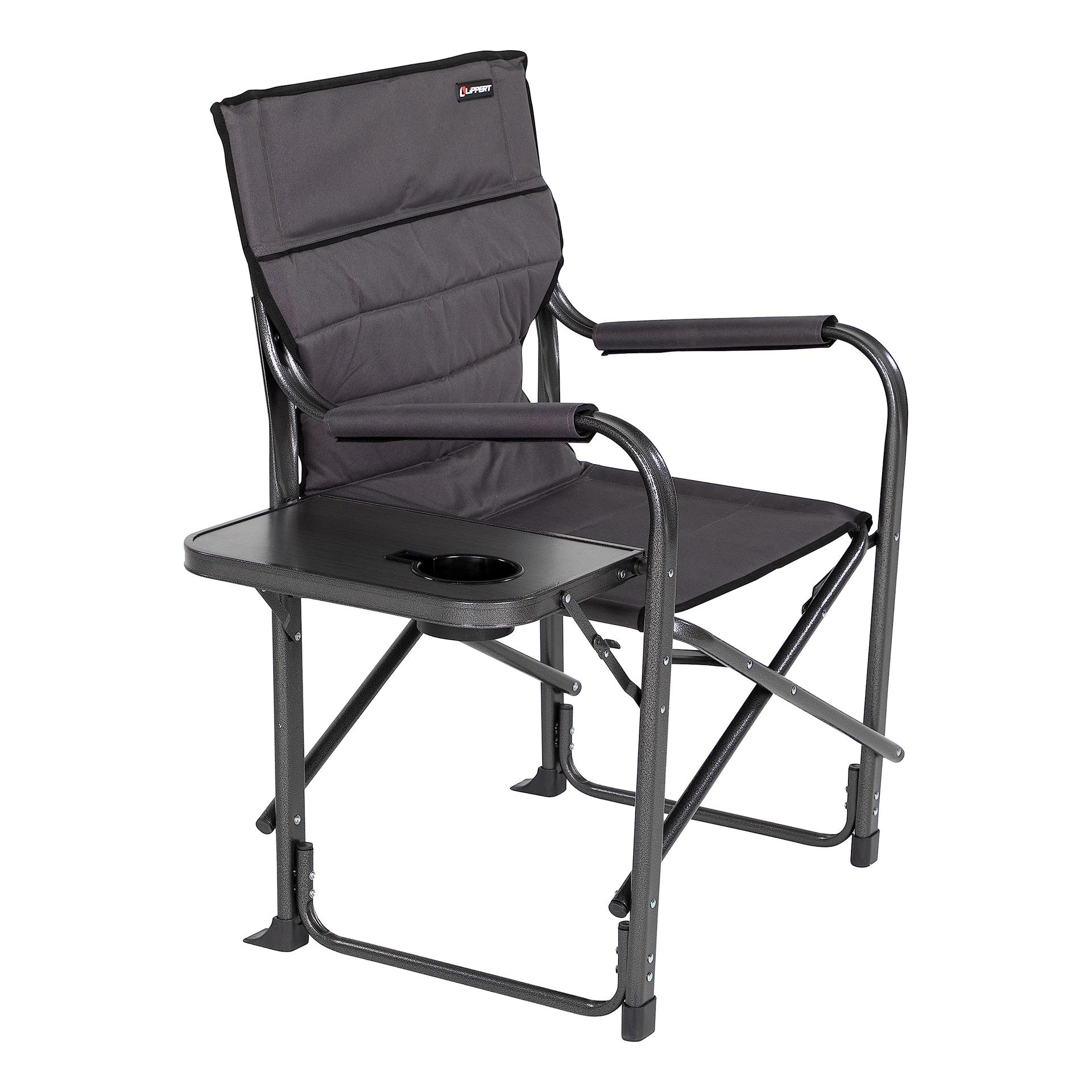 LIPPERT 2021123280 Scout Plus Director Chair with Side Table for Camping, Foldable, Steel Tube Frame, 600D Polyester, UV and Water Resistant PVC Coating, 400 lb. Weight Capacity, Dark Grey - High quality product image showing LIPPERT 2021123280 Scout Plus Director Chair with Side Table for Camping, Foldable, Steel Tube Frame, 600D Polyester, UV and Water Resistant PVC Coating, 400 lb. Weight Capacity, Dark Grey details and features