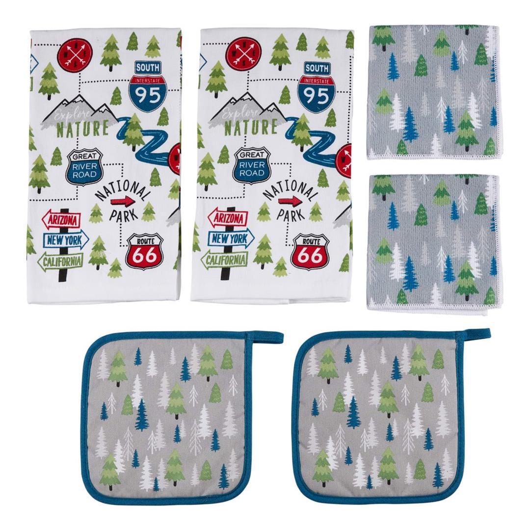 LIPPERT 2022107828 Road Sign RV Kitchen Towel & Potholder Set, 6 Pieces, Unique Road Trip Design Two Kitchen Towels, Two Dish Cloths and Two potholders Rated up to 400°F Machine Washable - The Twister Group Tools product