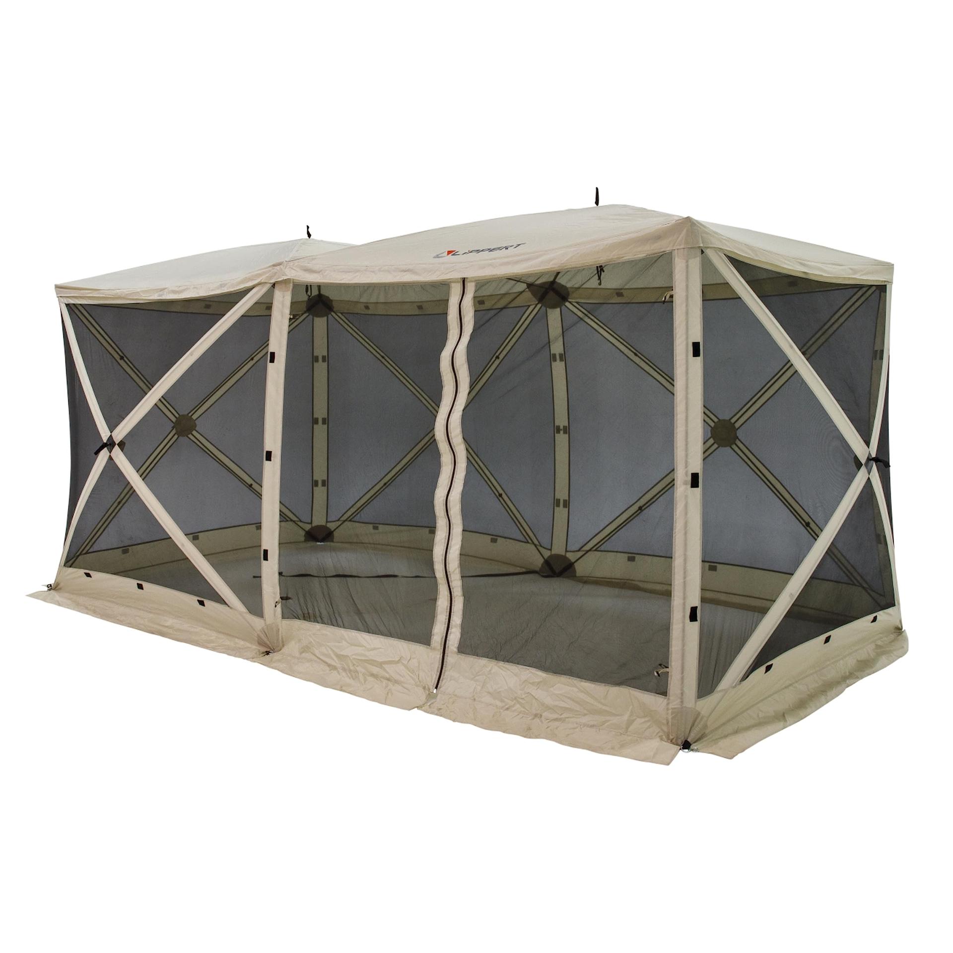 LIPPERT 2022114836 Picnic Popup Double Gazebo Tent for Camping, Patios and Easy Outdoor Shelter, 16FT x 8FT Breathable Mesh Screen Walls, 8-12 People, 128 Sq. Ft. Integrated Lantern Holders - High quality product image showing LIPPERT 2022114836 Picnic Popup Double Gazebo Tent for Camping, Patios and Easy Outdoor Shelter, 16FT x 8FT Breathable Mesh Screen Walls, 8-12 People, 128 Sq. Ft. Integrated Lantern Holders details and features