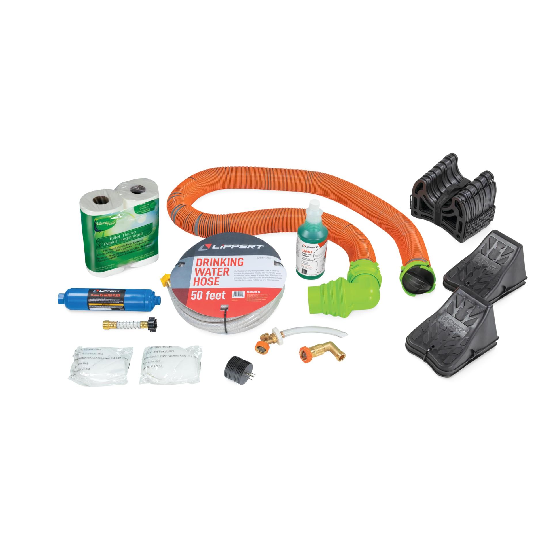 LIPPERT 2023000843 Standard RV Starter Kit with Power Adapter, Regulator, Filter, Tank Filler, Water Hose, Sewer Hose Kit, Hose Support, Tank Treatment, Toilet Paper, Wheel Chocks - High quality product image showing LIPPERT 2023000843 Standard RV Starter Kit with Power Adapter, Regulator, Filter, Tank Filler, Water Hose, Sewer Hose Kit, Hose Support, Tank Treatment, Toilet Paper, Wheel Chocks details and features