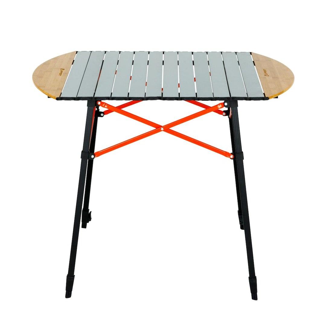 LIPPERT 2023053727 ROLL TOP CAMPING TABLE, 37.8 Inch Length x 27.2 Inch Width x 29.75 To 35.7 Inch Adjustable Height; 80 Pound Weight Capacity; Folding; Bamboo And Hammer Gray; Powder Coated Aluminum Frame And Slatted Top With Bamboo Edges - The Twister Group Tools product