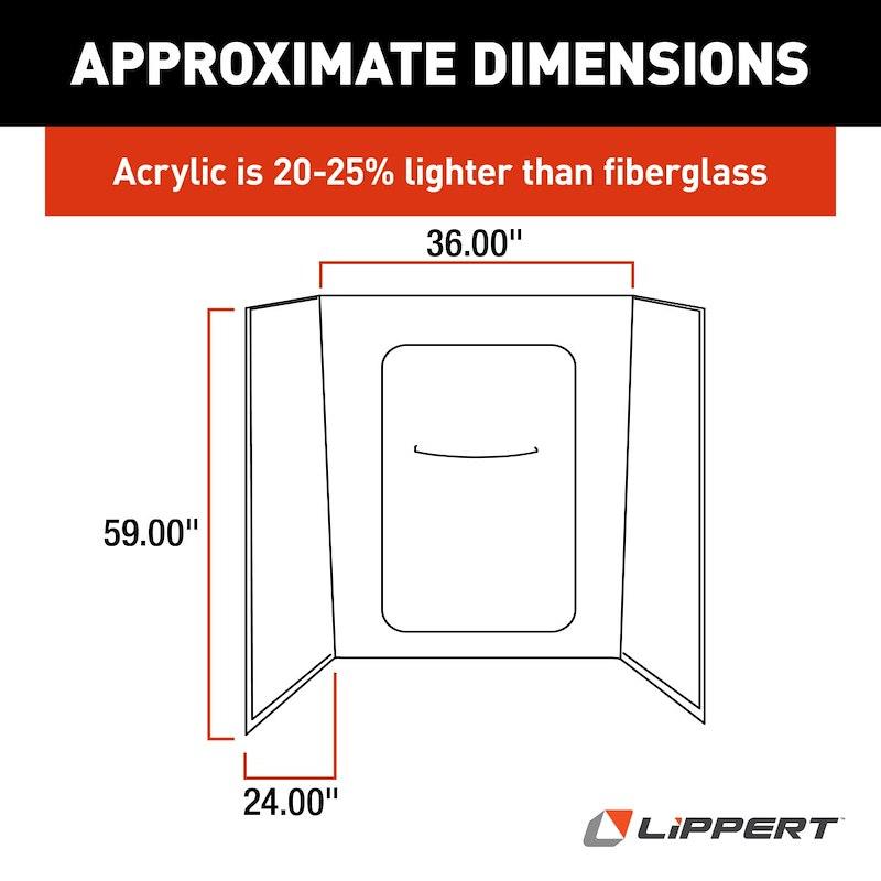 LIPPERT 209461 PRCHMNT-GOES WITH 36FT TUB, 1 Piece Design; 24 Inch Length x 36 Inch Width x 59 Inch Height Bath Surround; Parchment; Picture Frame Style; ABS Plastic; For Use With 36 Inch Bathtub; With Single Wall Shelf - The Twister Group Tools product