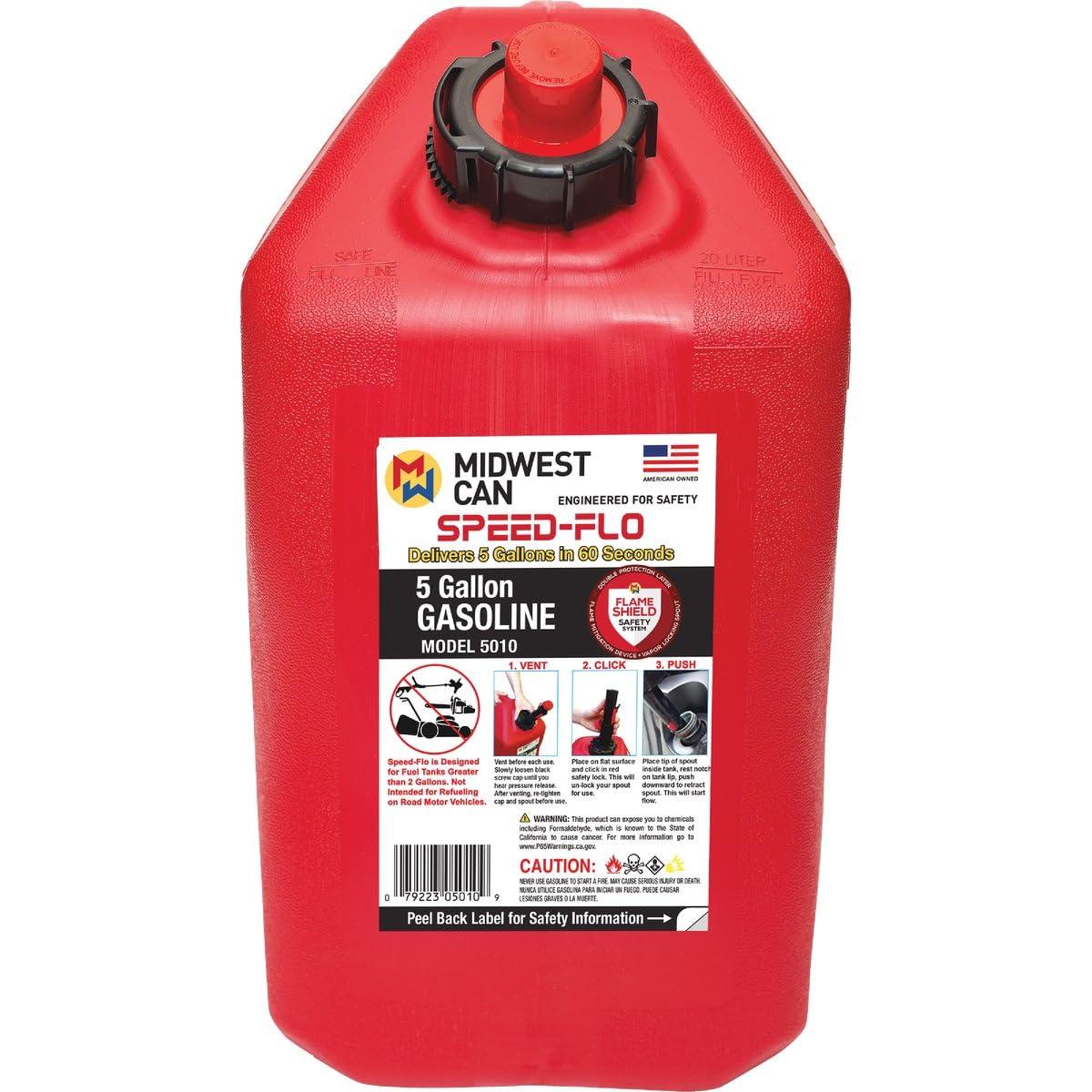 MIDWEST CAN 5010 Company MC-Pro Line Gasoline Can Fuel Container Jug with Speed-Flo Spout and Flame Shield System, 5 Gallons, Red - High quality product image showing MIDWEST CAN 5010 Company MC-Pro Line Gasoline Can Fuel Container Jug with Speed-Flo Spout and Flame Shield System, 5 Gallons, Red details and features