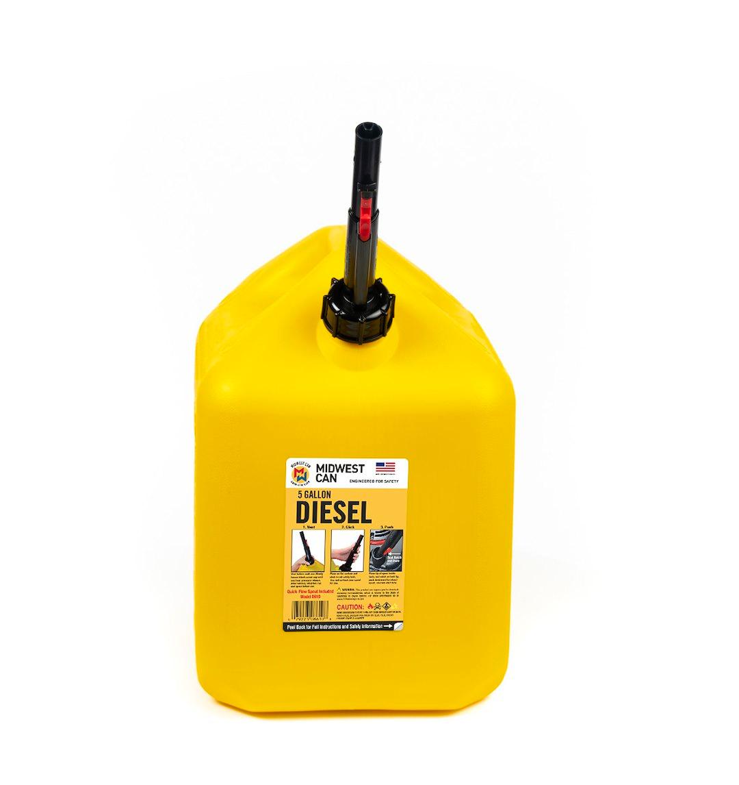 MIDWEST CAN 8610 5 GALLON DIESEL CAN, Yellow; 5 Gallon; Free Standing; High-Density Polyethylene; With Quick-Flow Spout And 2 Handles; Designed To Hold Diesel - High quality product image showing MIDWEST CAN 8610 5 GALLON DIESEL CAN, Yellow; 5 Gallon; Free Standing; High-Density Polyethylene; With Quick-Flow Spout And 2 Handles; Designed To Hold Diesel details and features