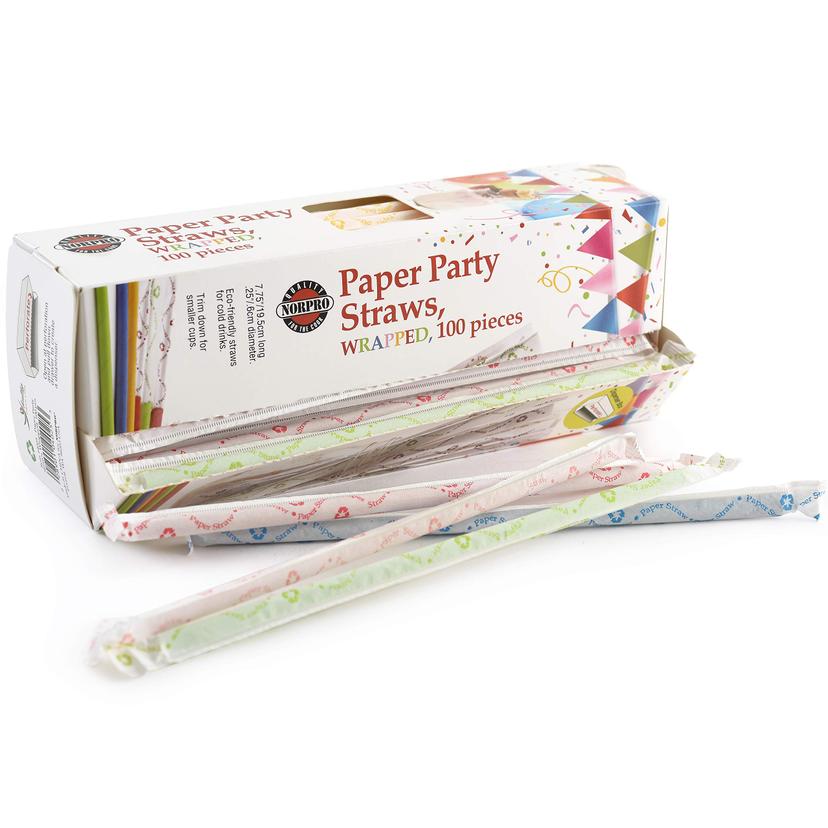 NORPRO 4025 Paper Drinking Straws, Individually Wrapped (100 Pack), 100% Biodegradable-Assorted Colors