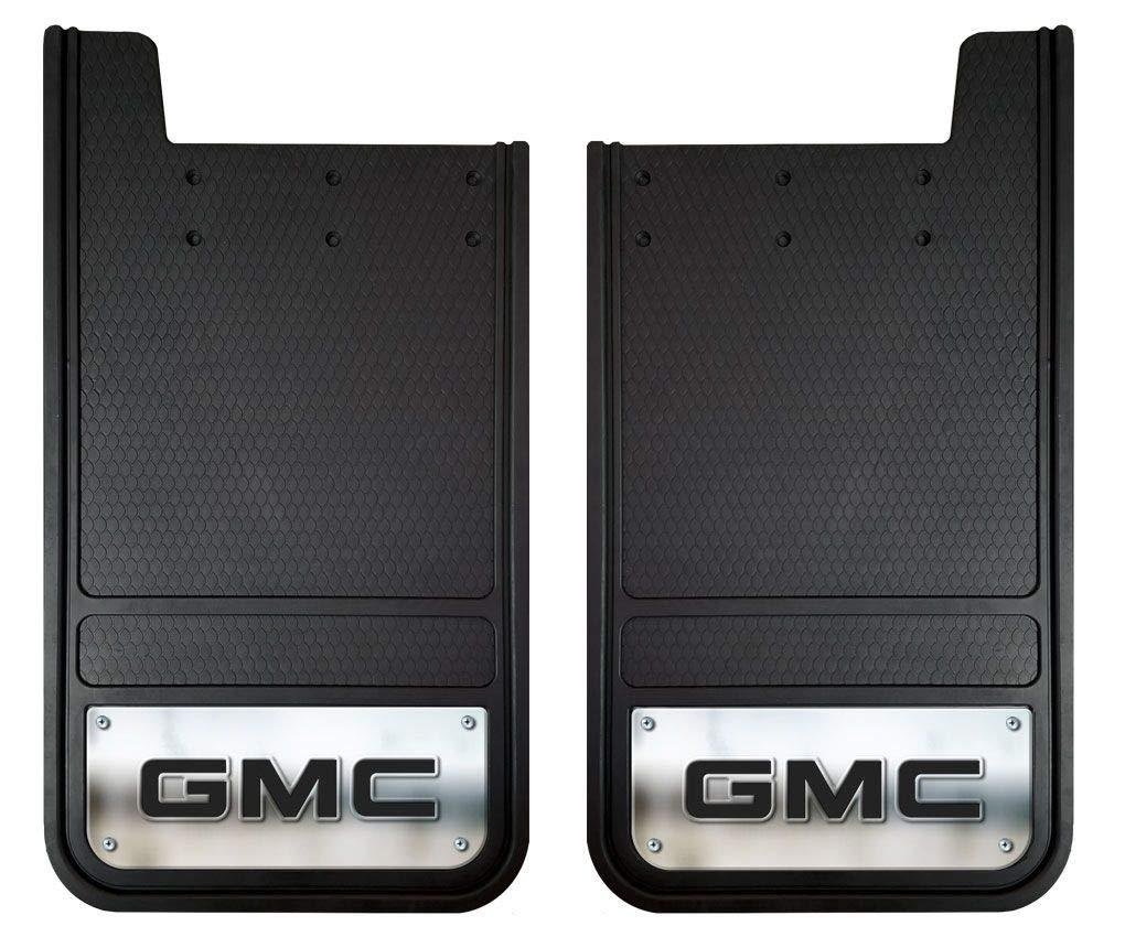 PLASTICOLOR 001842R01 Mud Flap; Heavy Duty; Universal 12 Inch x 23 Inch; Set Of 2; Flat; GMC Logo With Stainless Steel Insert; Fiberglass Reinforced; Screw On - High quality product image showing PLASTICOLOR 001842R01 Mud Flap; Heavy Duty; Universal 12 Inch x 23 Inch; Set Of 2; Flat; GMC Logo With Stainless Steel Insert; Fiberglass Reinforced; Screw On details and features