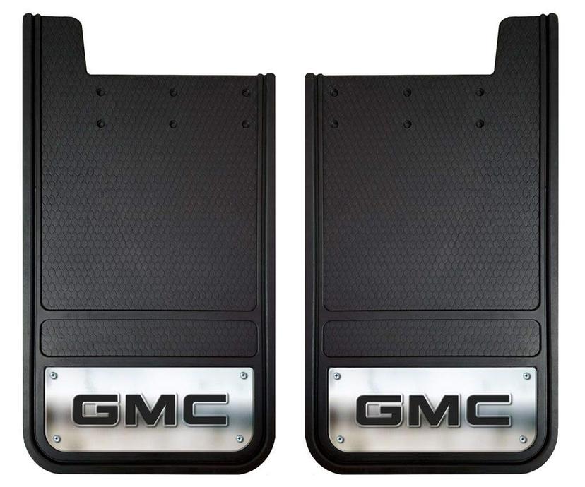 PLASTICOLOR 001842R01 Mud Flap; Heavy Duty; Universal 12 Inch x 23 Inch; Set Of 2; Flat; GMC Logo With Stainless Steel Insert; Fiberglass Reinforced; Screw On