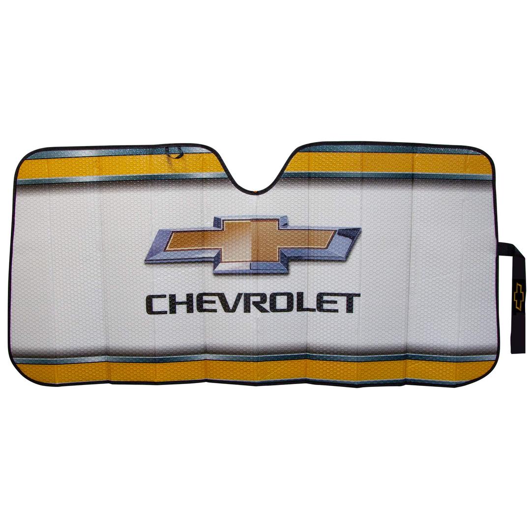PLASTICOLOR 003737R01 Windshield Shade; Elite Series; Removable Accordion Fold; Universal 27.5 Inch x 58 Inch; For Full Windshield; Chevrolet Logo; Gold/White; Uses Sun Visors To Hold In Place - The Twister Group Tools product