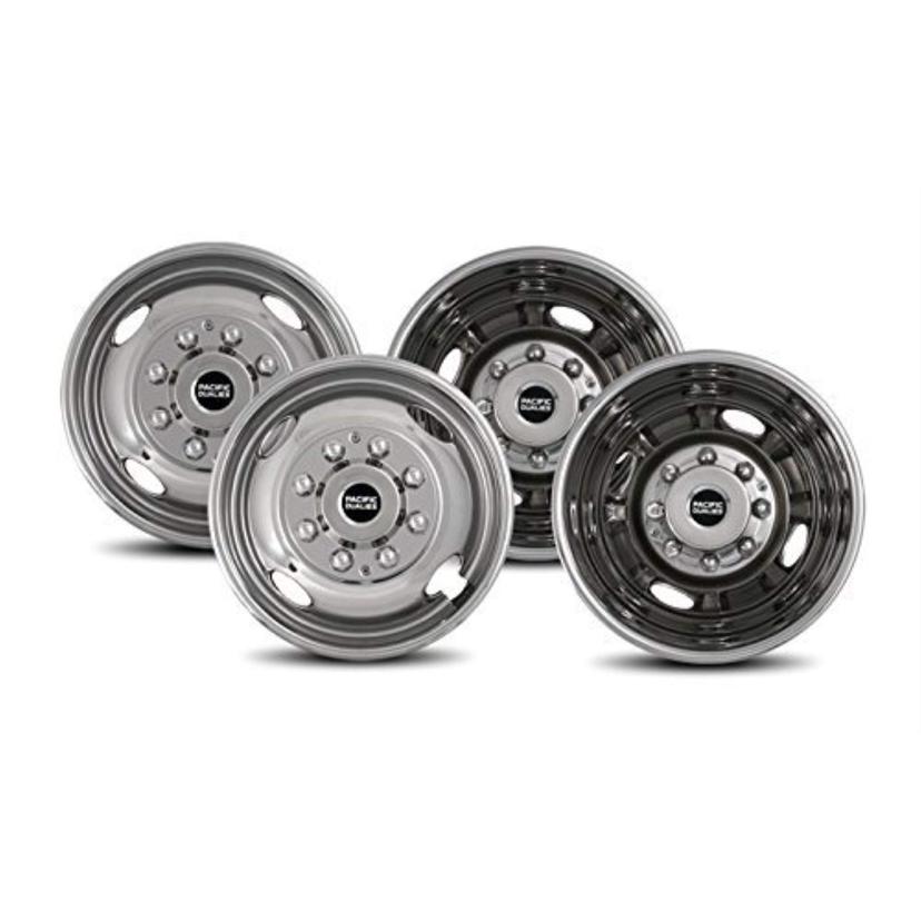 PACIFIC DUALIES 39-1608 Wheel Simulator; Fits 16 Inch - 8 Lug, 4 Vent Holes Wheel; Automatic Locking Hub; Polished; Stainless Steel; Bolt-On; Does Not Fit Aluminum Wheels; Set Of 4