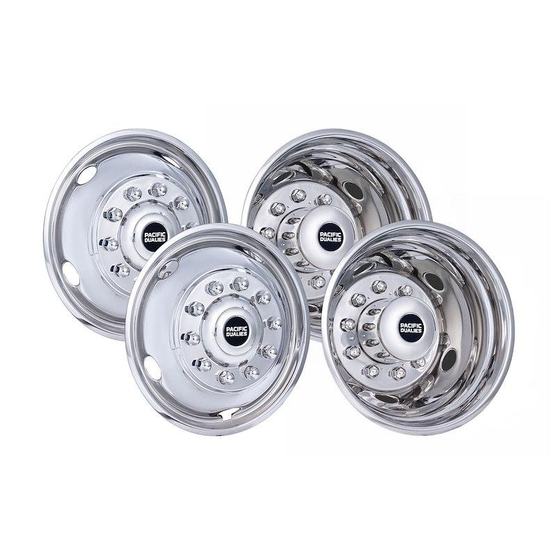 PACIFIC DUALIES 44-1950 Wheel Simulator; Fits 19-1/2 Inch - 10 Lug, 5 Vent Holes Wheel; Polished; Stainless Steel; Set Of 4