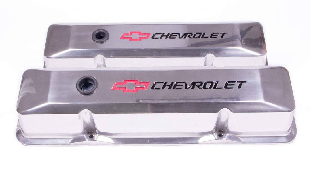 PROFORM 141-108 Valve Cover, Die-Cast, Tall, Baffled, Breather Hole, Recessed Chevrolet Bowtie Logo, Aluminum, Polished, Small Block Chevy, Pair - The Twister Group Tools product