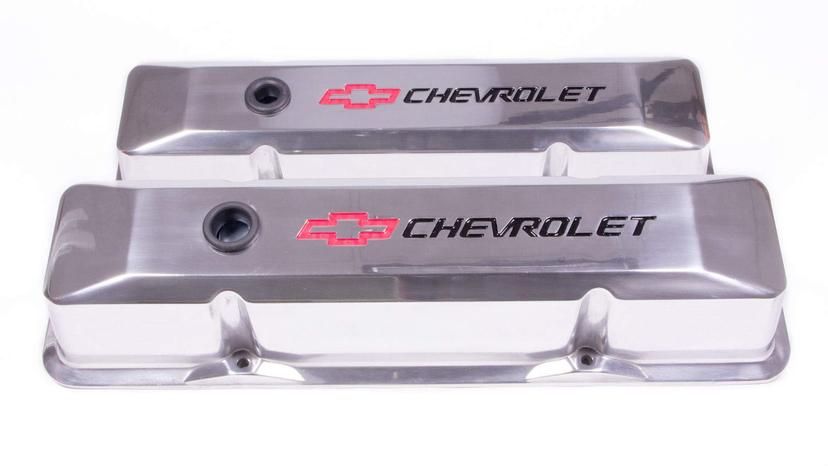PROFORM 141-108 Valve Cover, Die-Cast, Tall, Baffled, Breather Hole, Recessed Chevrolet Bowtie Logo, Aluminum, Polished, Small Block Chevy, Pair